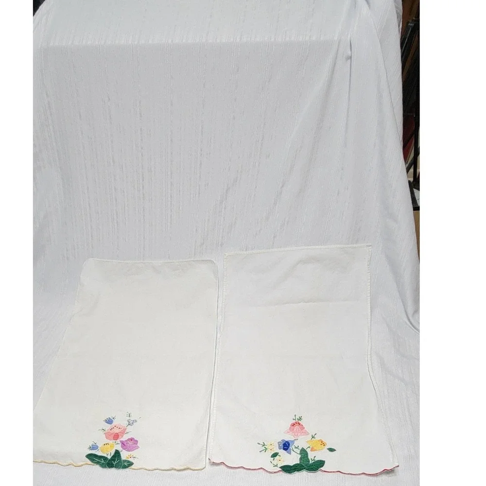2 Vintage Hand Embroidered Floral Applique Scallop Edge Cotton Dish towels